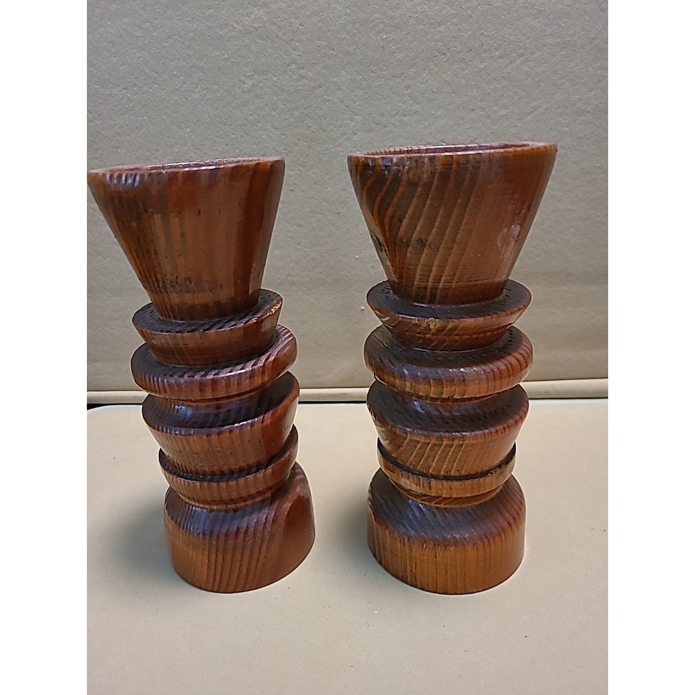 Pair of Hand Turned Wood Candle Holders 8" Tall Burl Wood - Picture 4 of 8